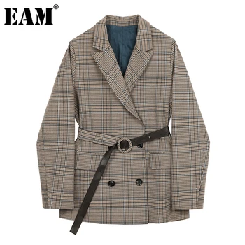

[EAM] Women Vintage Plaid Printing Blazer New Lapel Long Sleeve Loose Fit Jacket Fashion Tide Spring Autumn 2020 1DA749