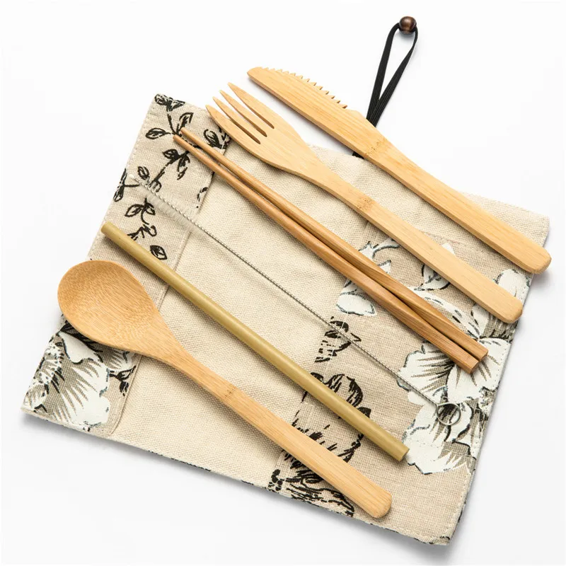 

Wholesale Wooden Flatware Cutlery Set Bamboo Straw Tableware Set with Cloth Bag Knives Fork Spoon Chopsticks Set Travel Tool