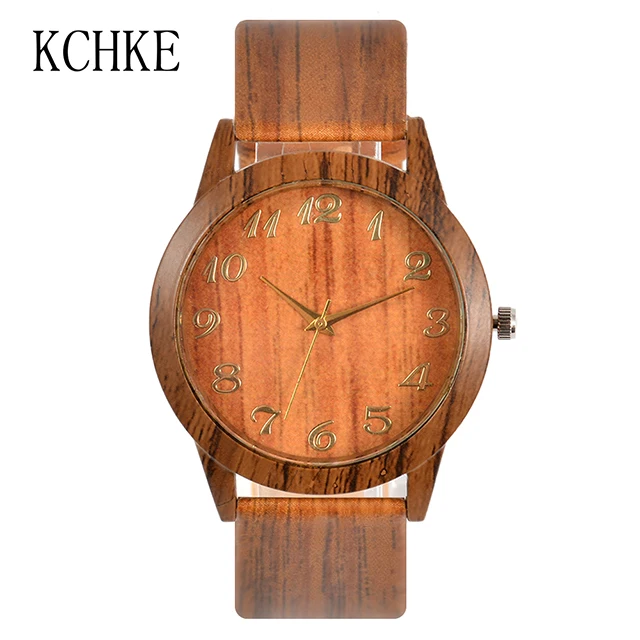 KCHKE 2020 Black/Coffee/Beige Dial Natural Bamboo Wood Watch Men Women Genuine Leather Wooden Clock Male hour Reloj de madera Men Dark brown