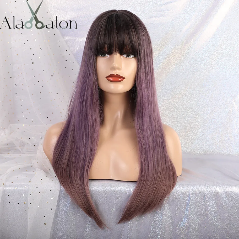 

ALAN EATON Straight long Mix purple brown Synthetic Wigs for women natural hair with Neat Bangs Wigs Heat Resistant Wigs