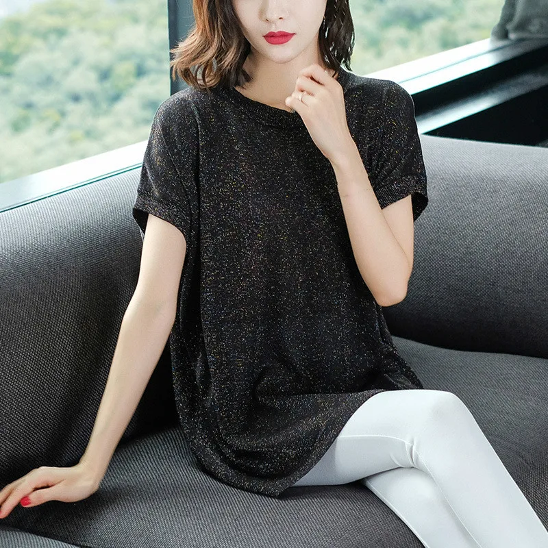 Summer Thin Women Shiny Top Short Sleeve Ice Silk Knitted Black Long Sweater Plus Size Girls Pullovers Cute Office Wear Knitwear photo