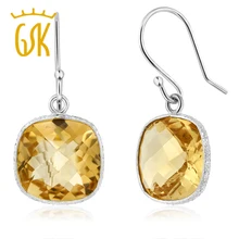 GemStoneKing 12,00 ctw Подушка шахматная доска натуральный цитрин серьги-подвески с драгоценными камнями 925 пробы серебро хорошее ювелирное изделие для женщин