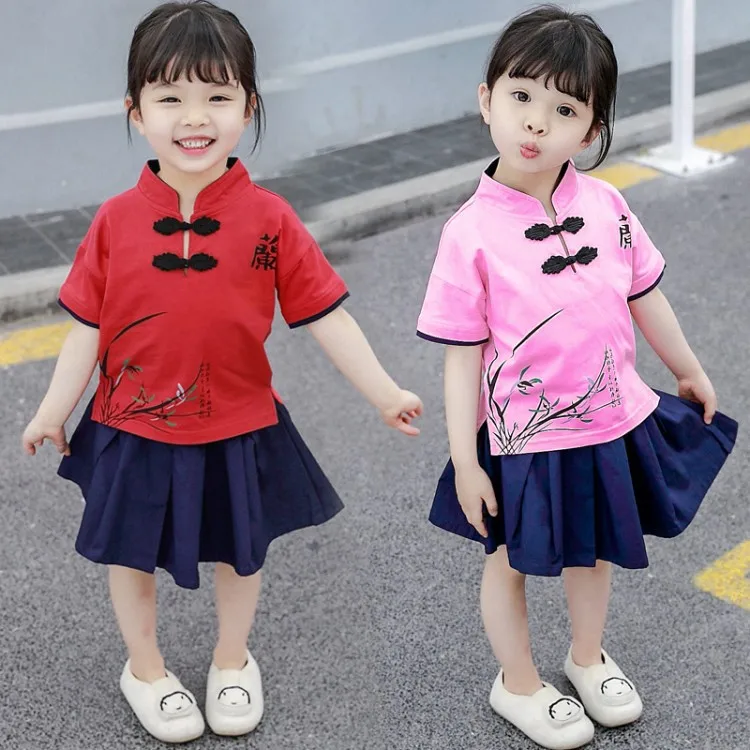 

2019 Summer New Style GIRL'S Suit Short Sleeve Children Suit Skirt Women's Chinese-style Children Chinese Clothing Childrenswear
