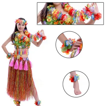 

Hawaiian Dance Clothes Fabric Bright Color Grass Skirt Kit Summer Party Flower Costume Set