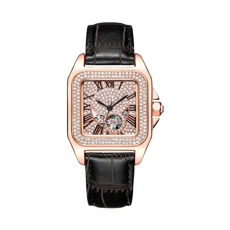 

2020 New Square female watches hollow automatic mechanical watch woman full diamond watch waterproof white Golden clock ladies