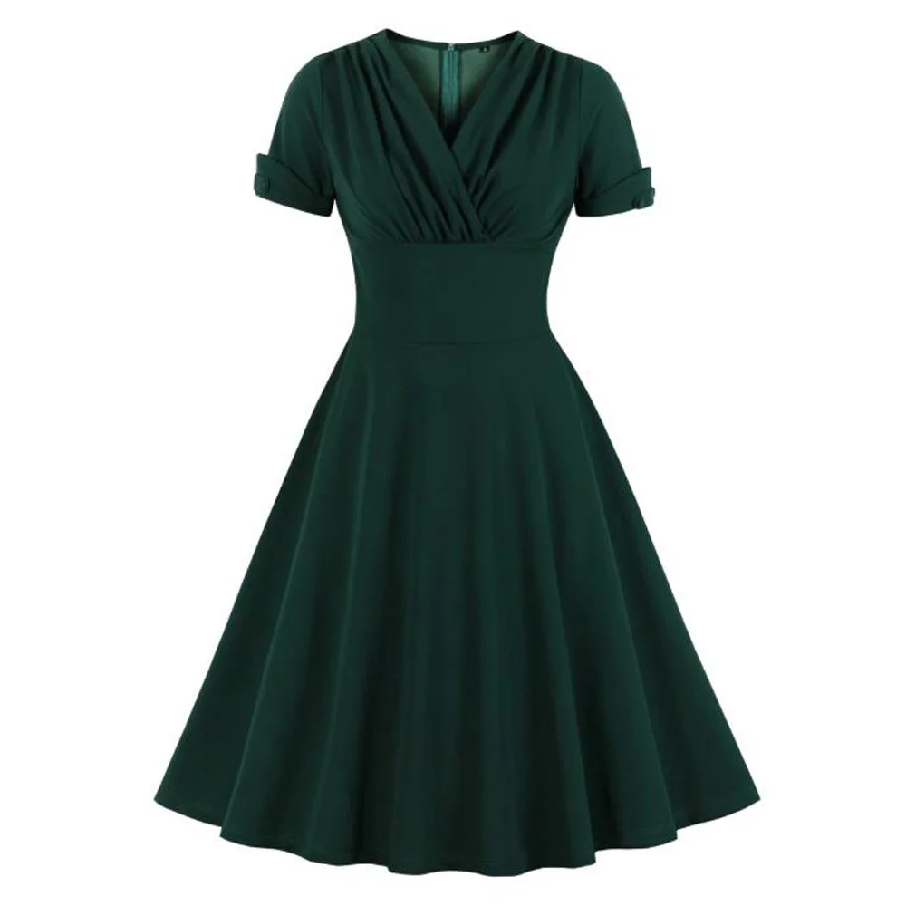 Green Dress Женское зеленое винтажное платье с глубоким v-образным вырезом, плиссированное платье с высокой талией в стиле рокабилли, летнее платье с коротким рукавом в стиле ретро, Платья для вечеринок - Цвет: Green Dress