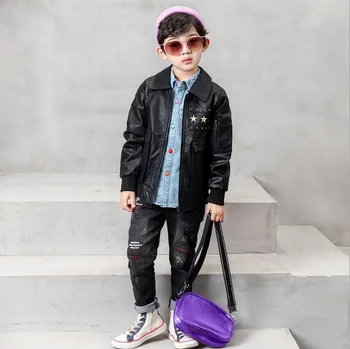 

Baby Boy Clothes Children autumn Toddler Boys Clothing set Kids Fashion Faux leather coat + shirts + jeans 3pcs boys set 2-6year