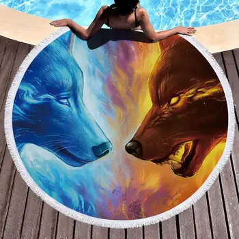 

Round 3D Wolf Beach Towels Summer Yoga Mat Seaside Bath Shower Towels With Drawstring Backpack Bag Bikini Cover Up