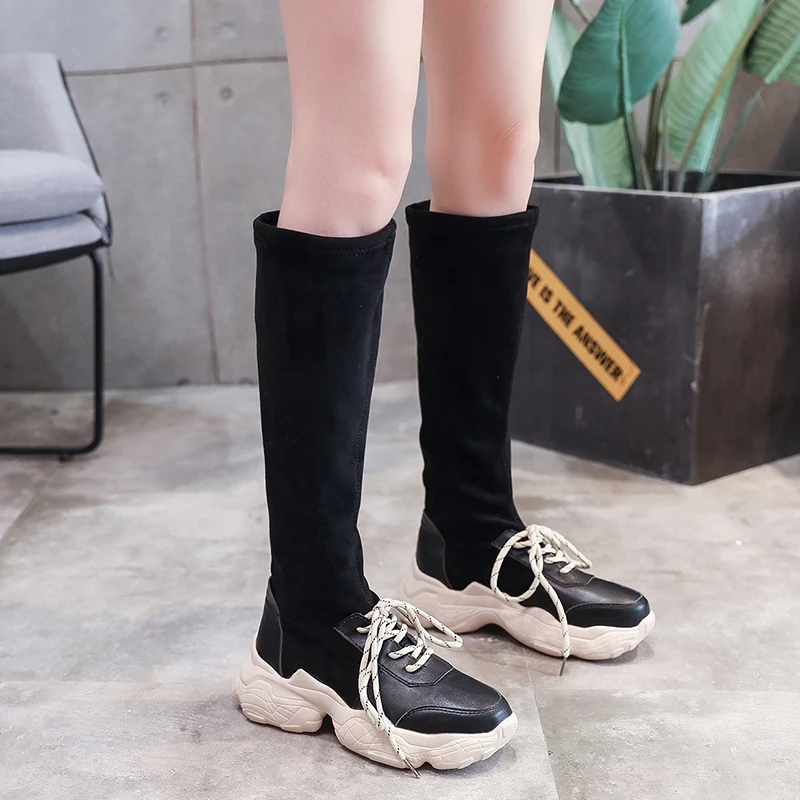 

Comfortable Rubber Platform Boots for Women Botas Lace-up Over The Knee Boots Round Toe PU Botas Mujer Autumn Boots Women Shoes