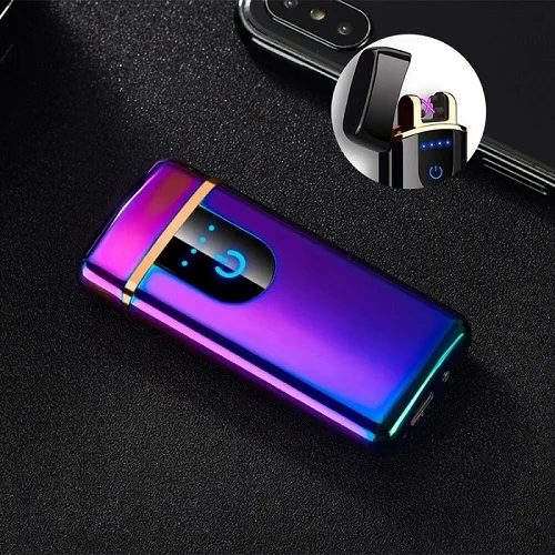 Фиолетовый Smart Touch сенсор USB перезаряжаемая двойная дуга беспламенная плазменная электрическая зажигалка датчик отпечатков пальцев Светодиодный дисплей питания - Цвет: Фиолетовый