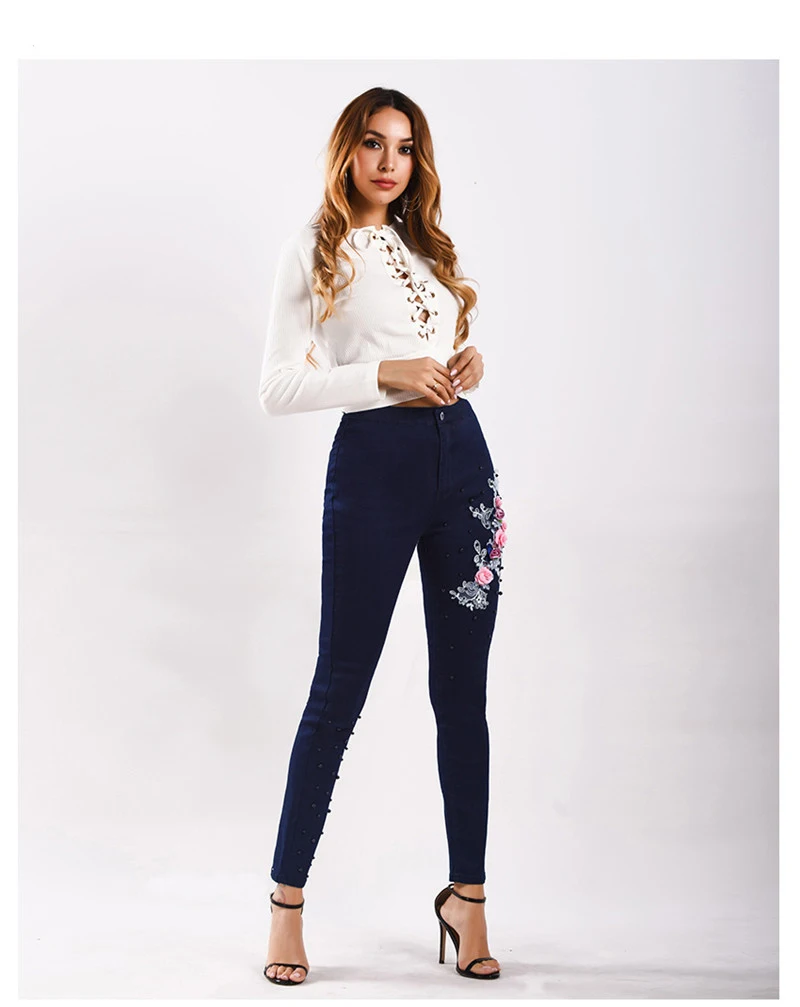 Fashion New High Waist Jeans for Women Pearl embroidery Slim Stretch Denim Jean Bodycon Belt Bandage Skinny Push Up Jeans Woman
