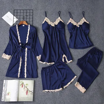 

Pjs Woman Home Clothes Sexy Silk Pajamas Pijamas Autumn Spring 5 Piece Pj Set Pajama Satin Sleepwear Pijama Mujer Pyjamas Women