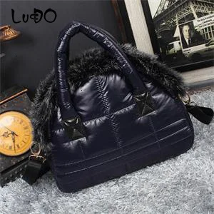 LUCDO Brand Luxury Handbag New Winter Woman Warm Space Cotton Shell Bags Designer Rabbit Fur Bag Ladies Jacket Shoulder Bag