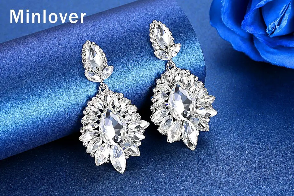 Minlover, сверкающие серьги-капли с кристаллами маркизы для невесты, серебряные свадебные висячие серьги с цветами, ювелирные изделия MEH1646
