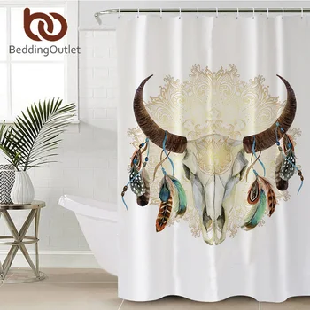 

BeddingOutlet Skull Feathers Shower Curtain Tribal Curtain for Bathroom Bohemian Floral Waterproof Curtain Gothic Bath Curtain