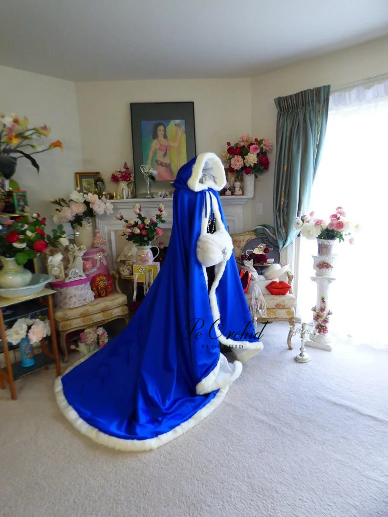 PEORCHID Warm Long Satin Wedding Cape With Train Royal-Blue Ivory Women  Hooded Cloak Winter Faux Fur Bridal Cape For Photo Shoot