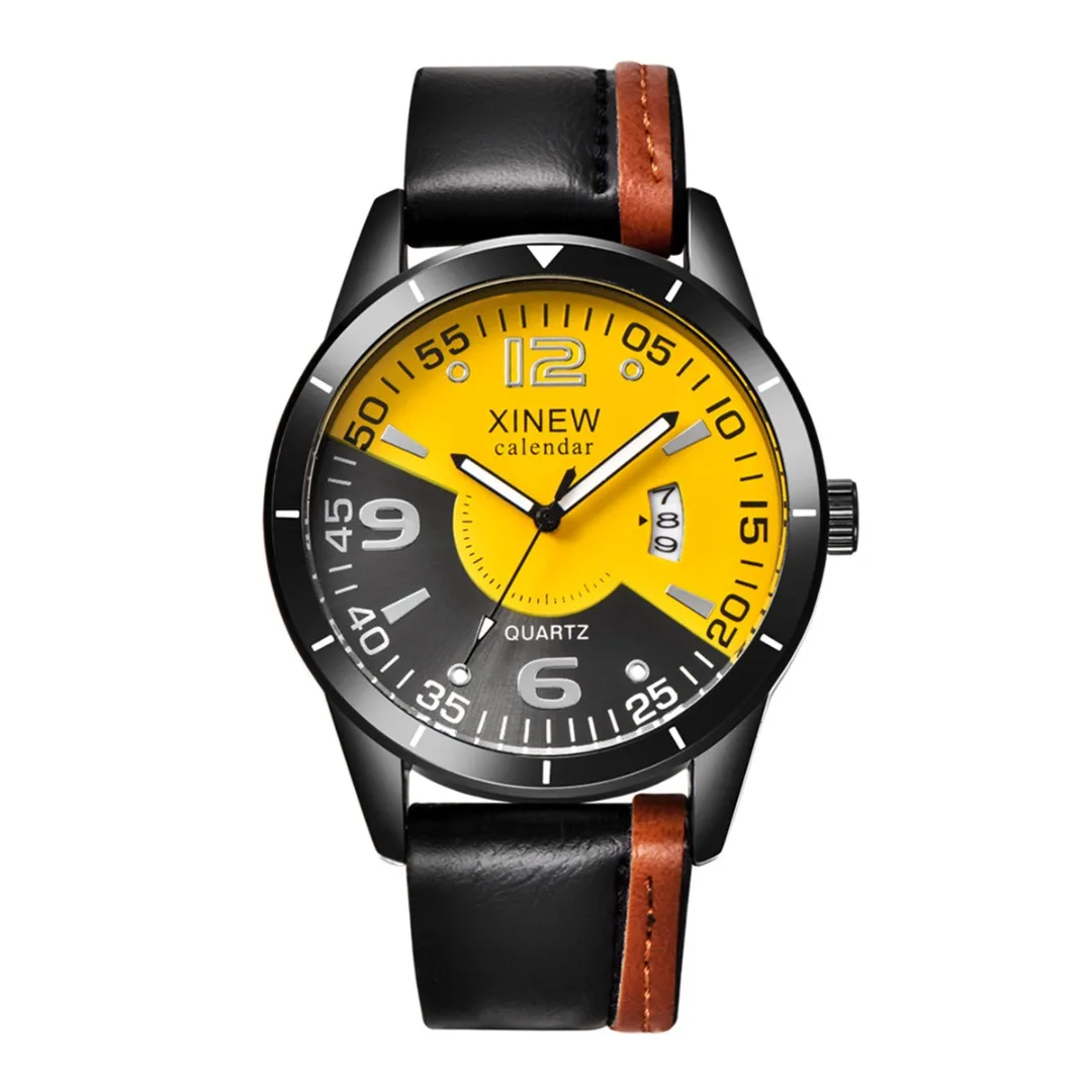 

Vintage Men Leather Watch Simple Casual Big Round Analog Quartz Watch Clock Calendar Sport PU Leather Band Male Watch Relogio