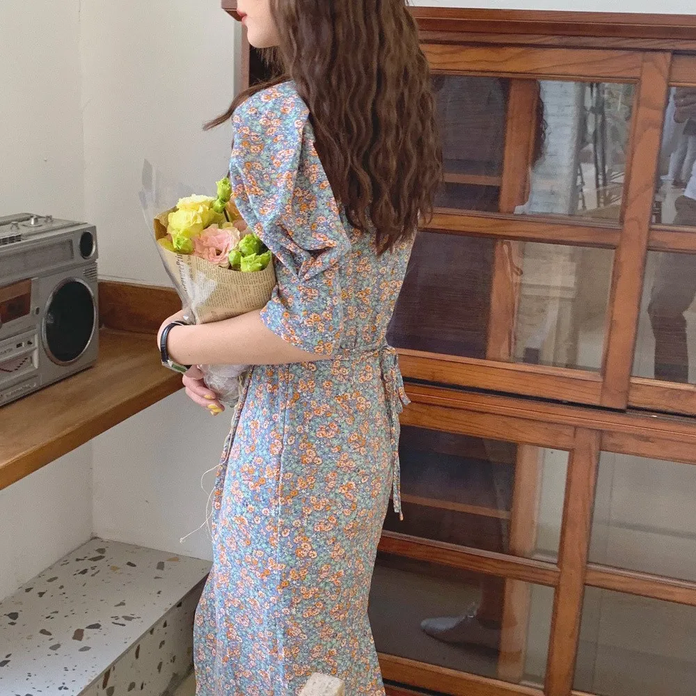 Летнее женское платье в стиле пэчворк, шикарное кружевное платье с пышными рукавами, Повседневное Платье макси с v-образным вырезом и цветочным принтом
