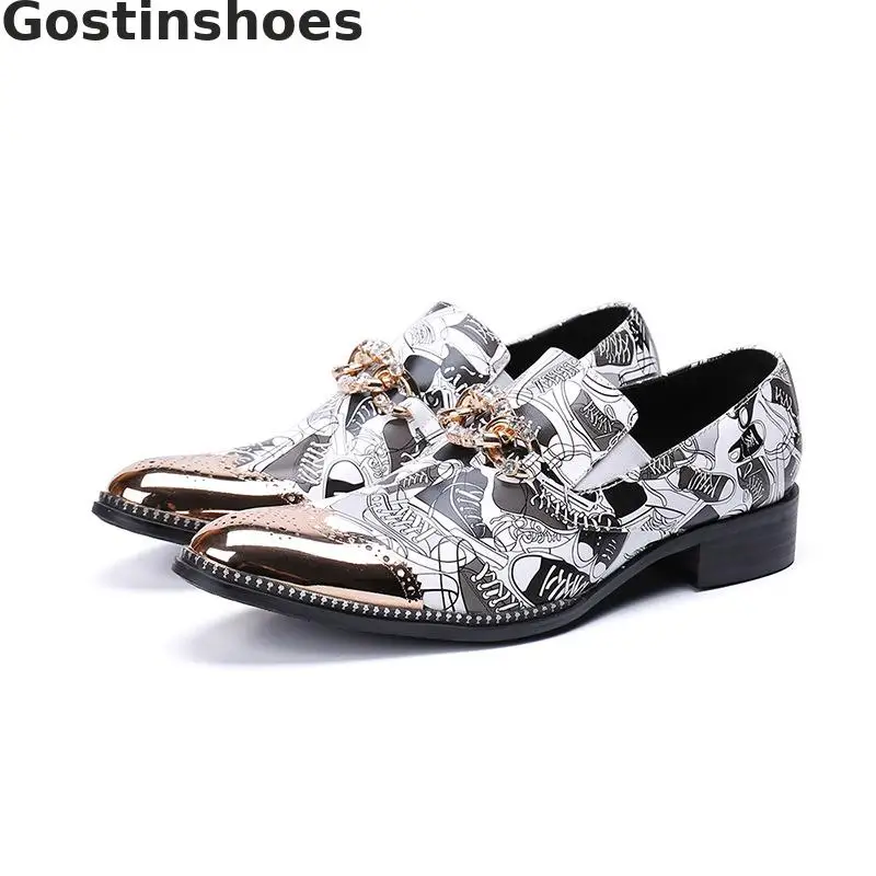 

Fashion Casual Leather Shoes White Genuine Leather Printed Plain Metal Capped Toe Slip-on Men Leather Shoes Low Heel Loafers