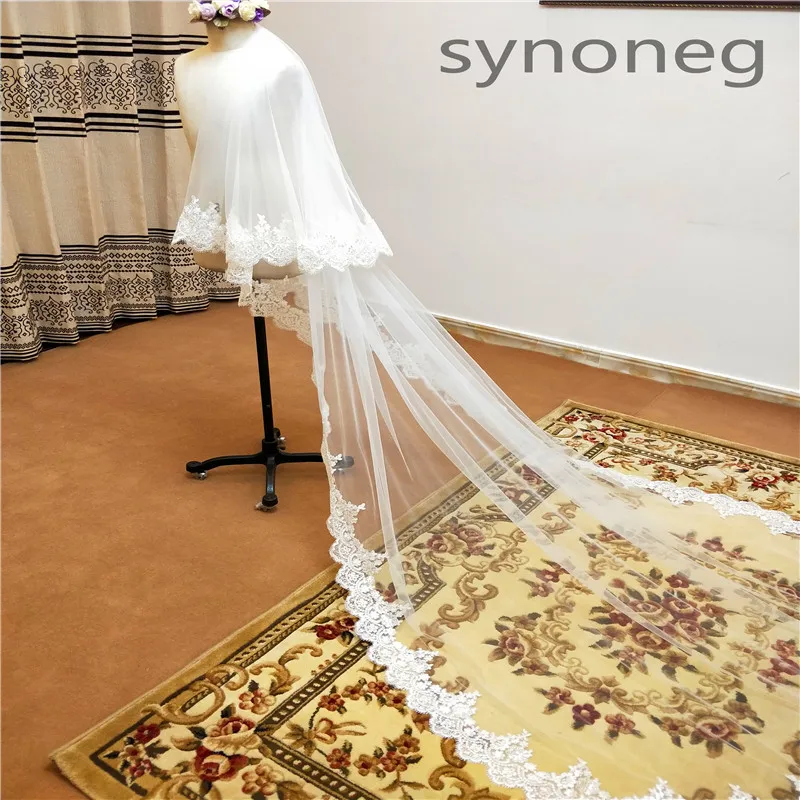 cathedral wedding veil voile de mariee  Lace  Long Wedding Veils Ivory White One layers Tulle wedding accessories