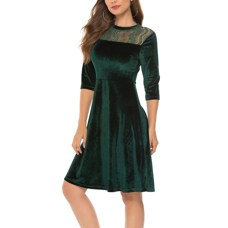 MISSJOY Vintage Party Autumn Women Dress O-Neck Patchwork Lace Hollow Out Half Sleeves Casual Winter Velvet Elegant Knee-Length