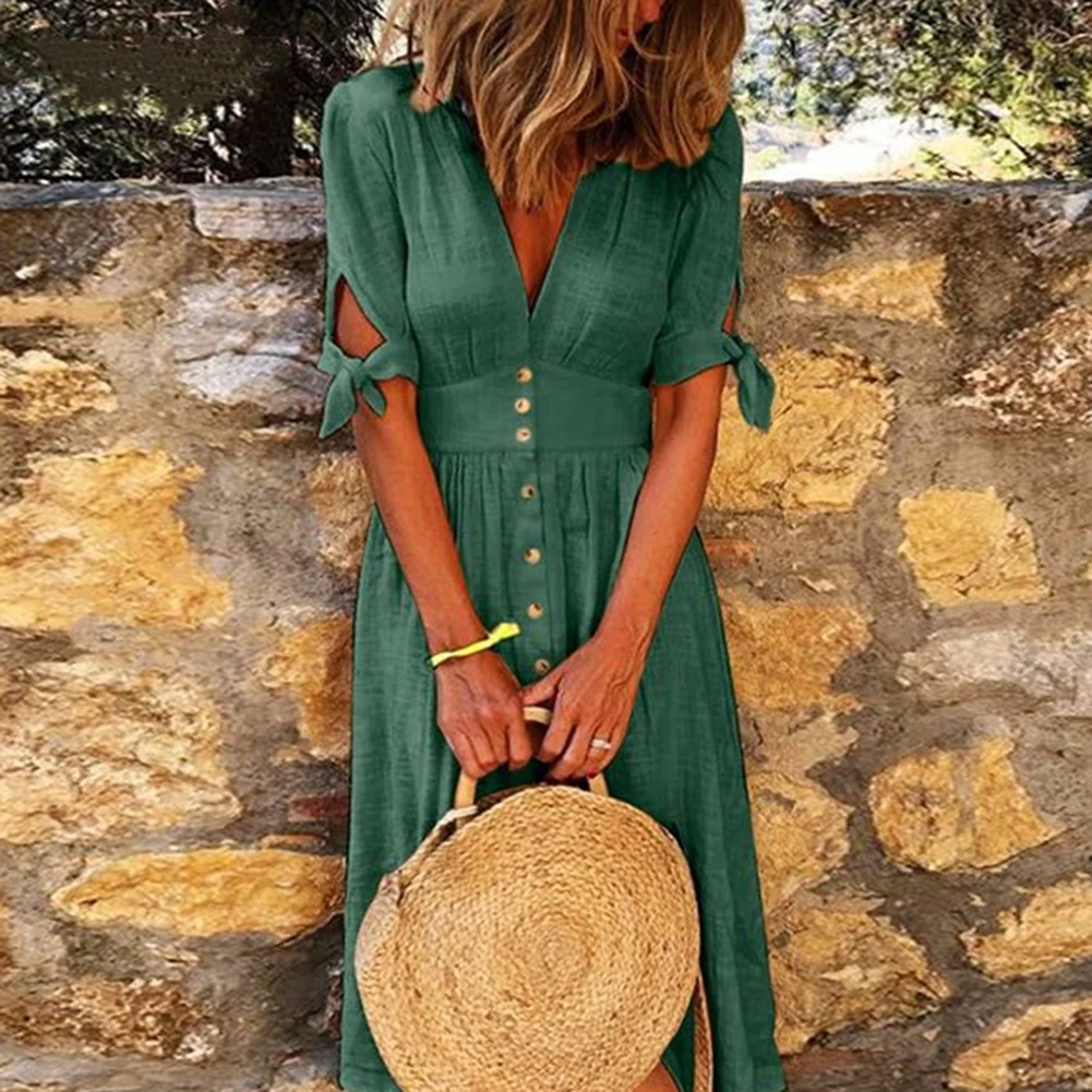 cover up beachwear 2021 New Summer M-4XL Woman Vintage Deep V Neck Dress Elegant Solid Color Tied Half Sleeve Button Long Dresses Beach Street Work bathing suit dress cover ups