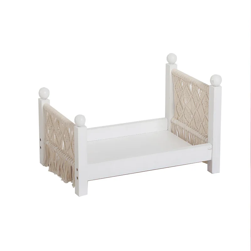 Baby Cribes Newborn Photography Props Original White Shooting Bed Basket Chair Solid Wood Hand-woven Posing Props With Tassels