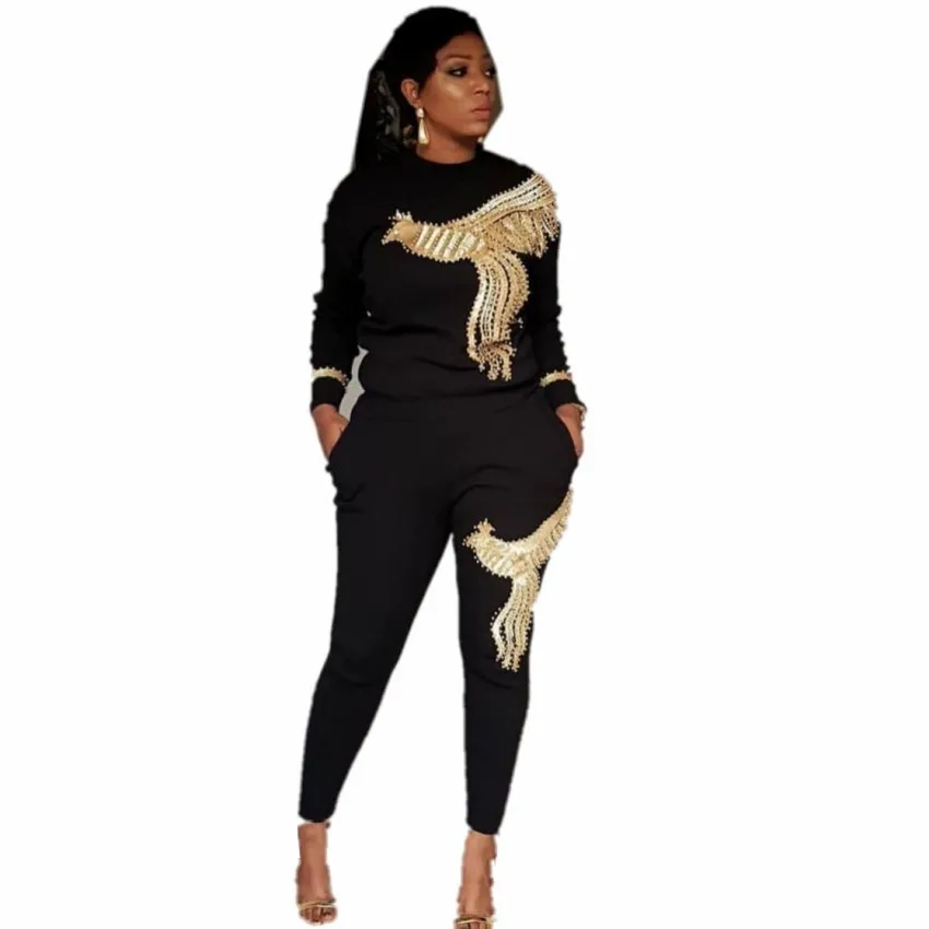 Африканские комплекты для женщин новые Бисероплетение блестками африканский эластичный Базен мешковатые брюки рок стиль Дашики рукав известный костюм для леди - Цвет: Черный