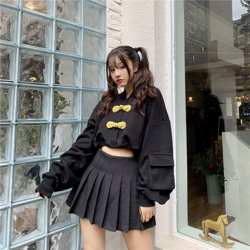 Harajuku женские толстовки осень Новинка Harajuku ветровка диск Пряжка Стенд воротник короткие свободные женские толстовки с капюшоном