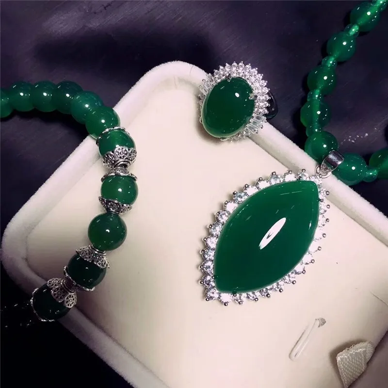 LETSFUN Fine Jewelry 925 Серебро инкрустированные натуральный халцедон кулон ожерелье кольцо браслет набор благородные подарки