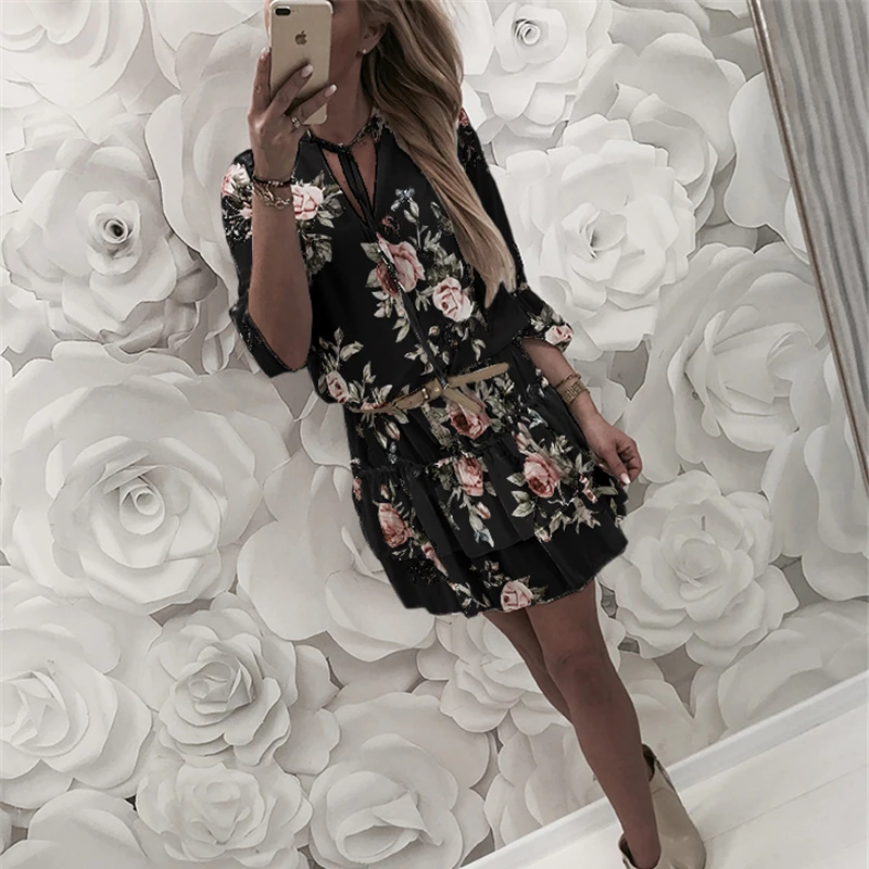 Vintage Women's Wrap Summer V-Neck Boho Floral Print Dress Elegant Ladies Holiday Beach Mini Sundress Plus Size