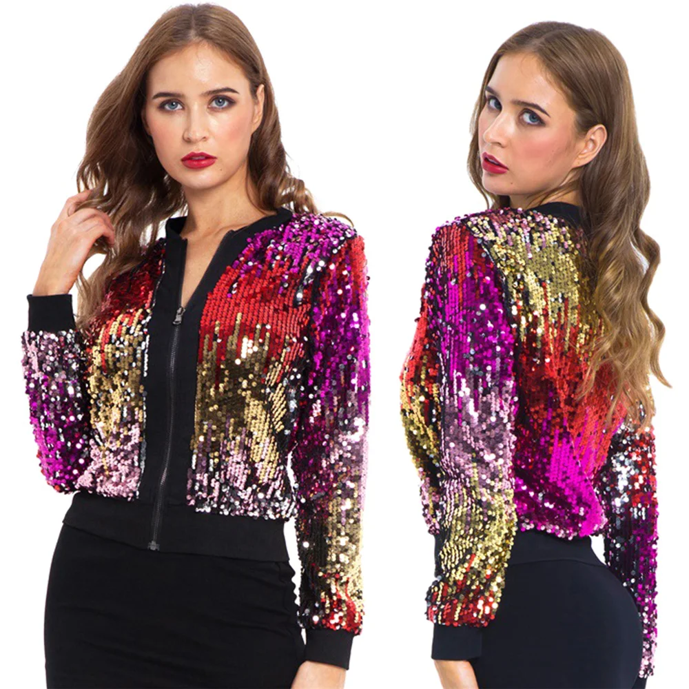 Women Sequin Jackets Sparkly Bomber Jackets V Neck Long Sleeve Zipper