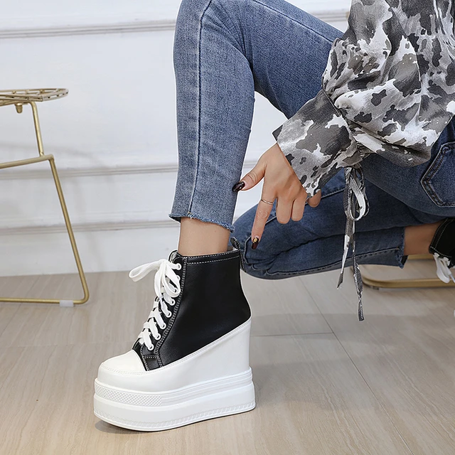 Women's High Top Sneakers Casual Leather Lace up White/Black Sneakers For  Woman Spring Autumn Shoes High Heels Sneaker - AliExpress