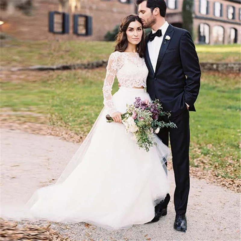 Wholesale Two Piece Wedding Dress Boho O-Neck A Line Lace Top Tulle Skirt Princess Bride Dress Princess Long Wedding Gown Cheap