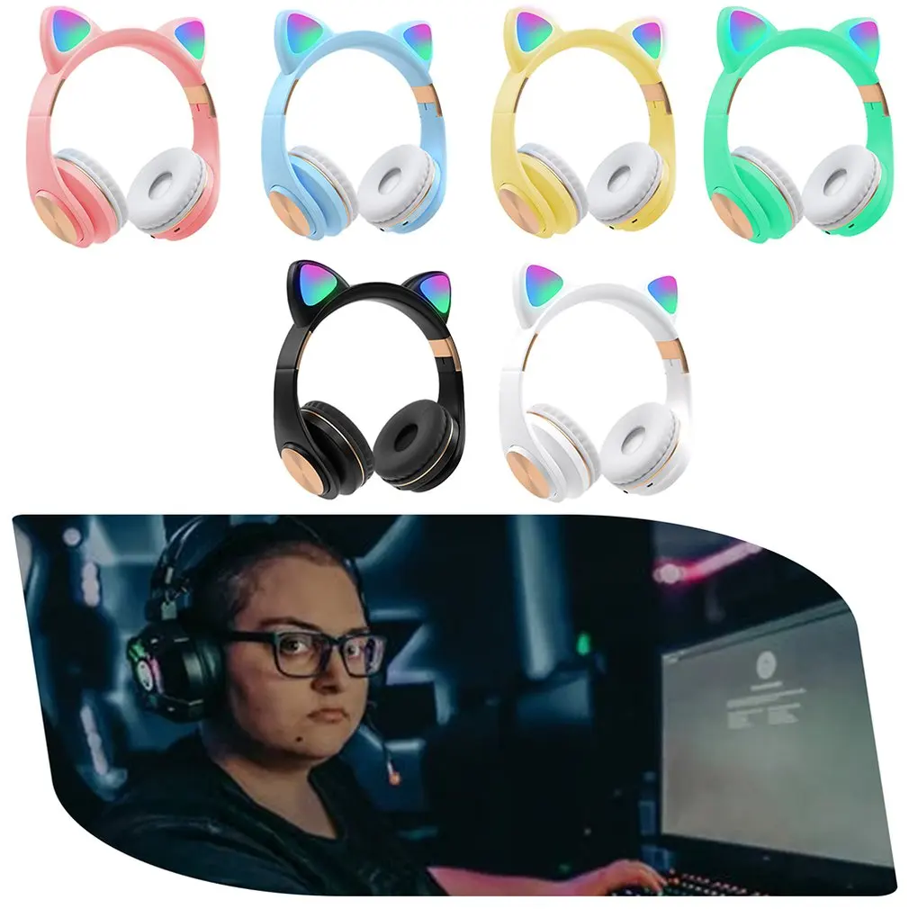Cat Ear Wireless Bluetooth 5 0 Headphones LED Noise Cancelling Stereo Girls Kids Headset Support TF Card Jack 3 5mm Mic