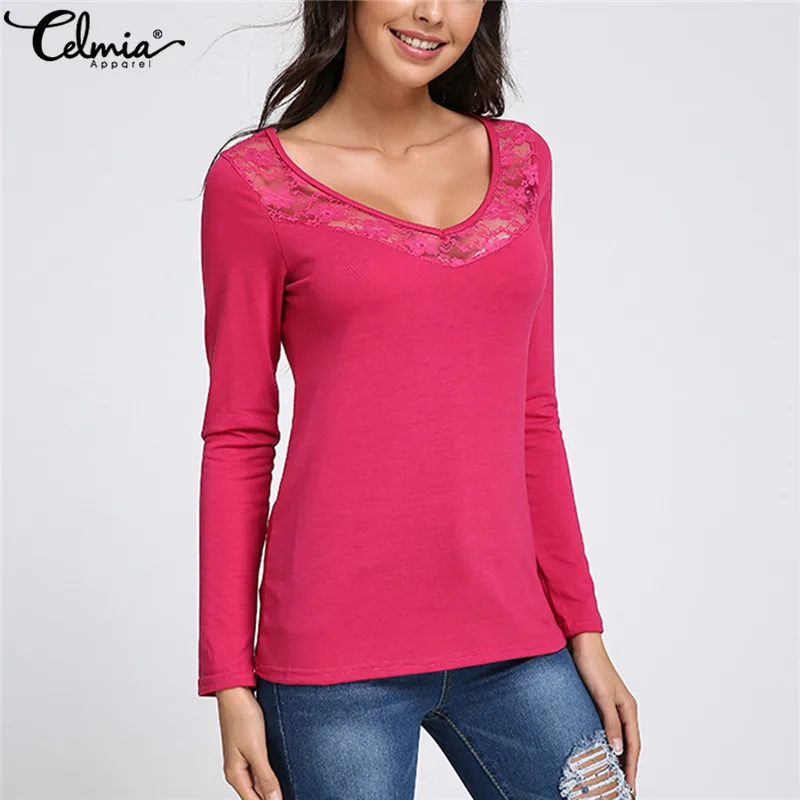 

Plus Size Women Fashion Lace Stitching Blouses 2020 Sexy V Neck Hollow Out Tunic Tops Casual Long Sleeve Pleated Shirt Blusas 7