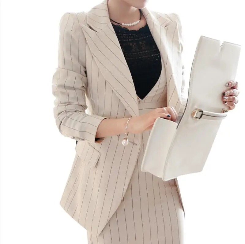 Women Striped Dress Suits Office Lady Double Breasted 2 Piece Sets Elegant Notched Blazer+ Fashion Sheath Dresses Female - Цвет: white
