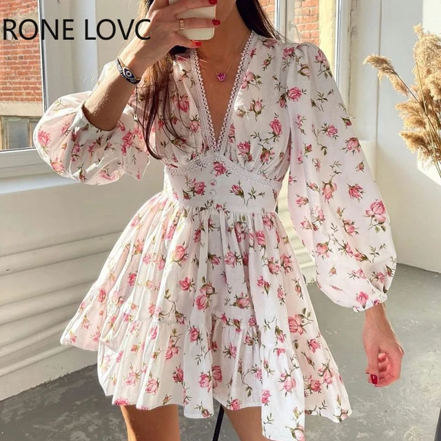 Floral Lace Dress Short Sleeve | Floral Dress Puff Sleeves | V Neck Dress  Short Floral - Dresses - Aliexpress