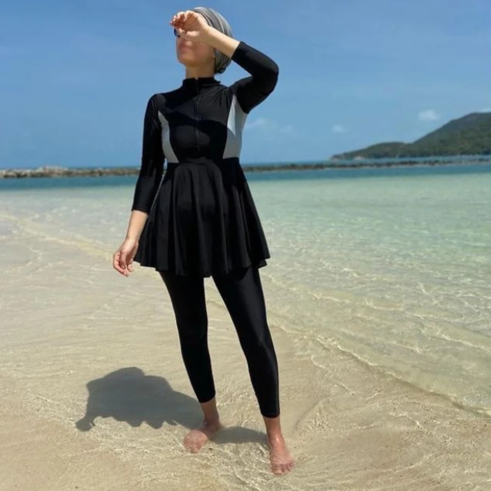 Muslim Swimsuit Long-Sleeve Burkini Three-Piece LAFATA Padding Bra Simple-Design