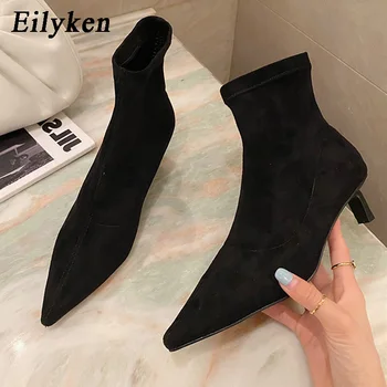 

Eilyken Autumn Winter New Women Ankle Boots Fashion Flock Pointed Toe Low Heels Socks Chelsea Booties Sexy Female Party Shoes