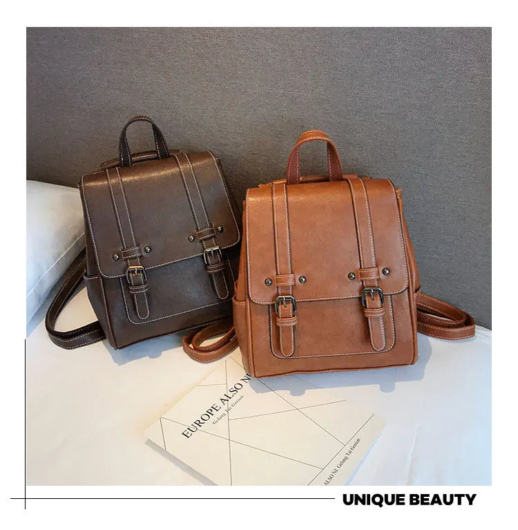 2019 Vintage Women Backpack Purse School Bag for Teenage Girls Retro Leather Backpacks Black Red Travel Back Pack Small Rucksacks (1)