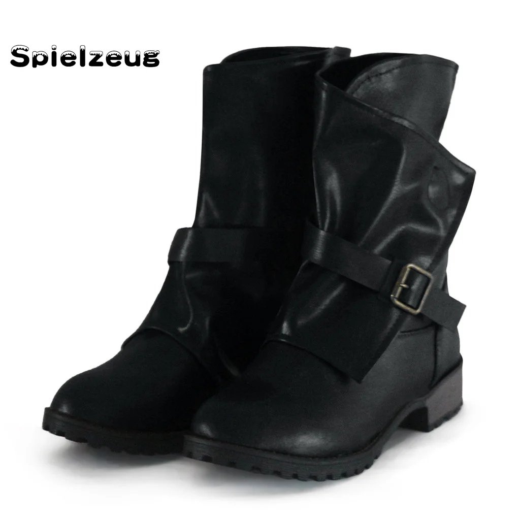 

Fashion Mid Calf Boots Outdoor Winter Womens PU Flats Round Toe Low-heeled Shoes Female Buckle Strap Western Knight Boots#g4