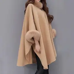 Women Cape Coat Solid Color Faux Fur Collar Pullover Autumn Winter Warm Loose-fitting Mid-length Poncho Coat for Daily Wear