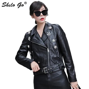 

Genuine Leather Coat Star Beading Decoration Notched Neck Zip Jacket Coat Women Autumn Casual Buckle Belted Highstreet Outwear