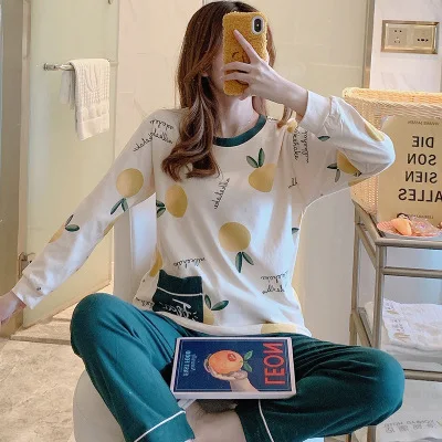 

Spring And Autumn Long Sleeve Cartoon Women's Pullover Loose-Fit Summer Thin Knit with Cotton Women's Casual Pajamas Suit Tracks