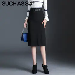 2019 Новая Вязаная юбка средней длины Женская осенне-зимняя черная юбка-карандаш с высокой талией Slim Плюс Размер тонкая юбка-трапеция Женская