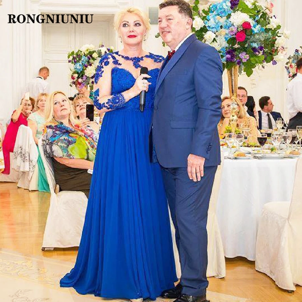 Mother Of The Bride Dresses Elegant A Line Royal Blue Long Sleeve Chiffon Wedding Guest Dress Plus Size Robe Marie