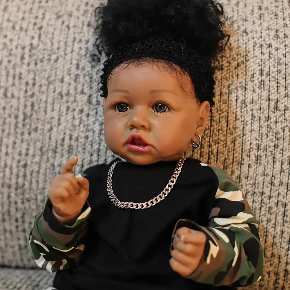 22''Baby Reborn Doll Realistic America Black Dolls Full Body Silicone Newborn Babies Doll With Heartbeat Blue Eyes Bonecas Toys