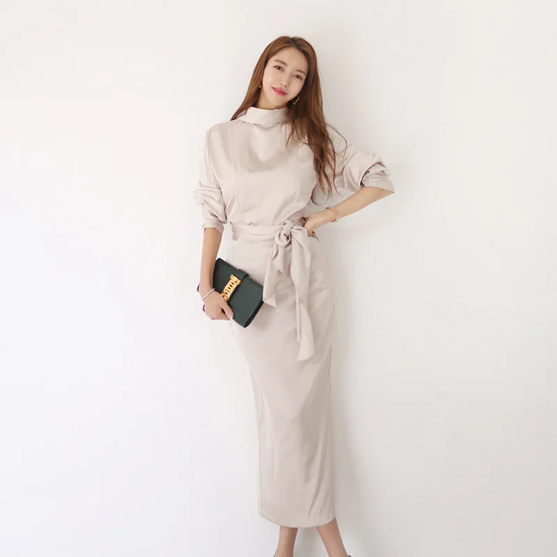 

WOMEN'S Dress 2019 New Style Debutante-Style High Collar Lace-up Tops + Sheath Skirt Set