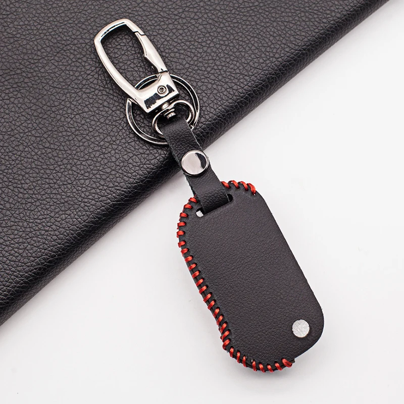 Folding Key Genuine Leather Case Cover Holder Pouch Key Chain for KIA 3Button